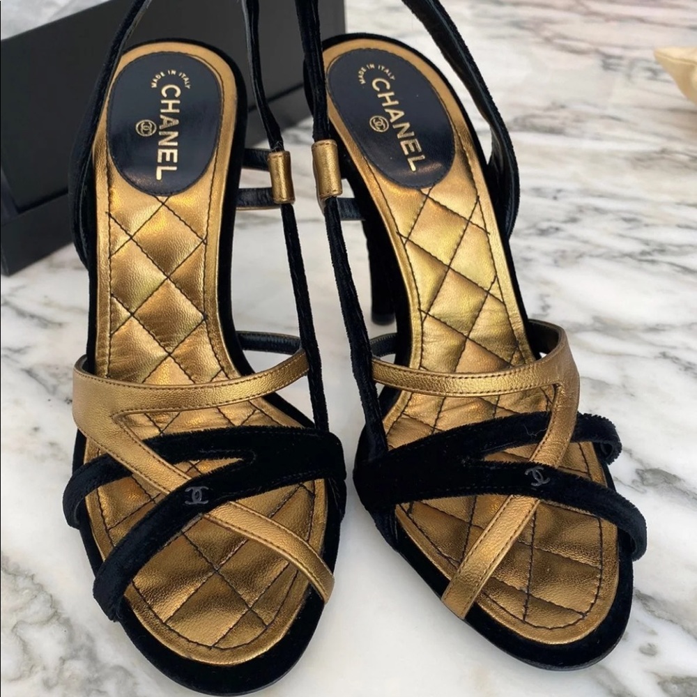 Chanel black and gold sandals
